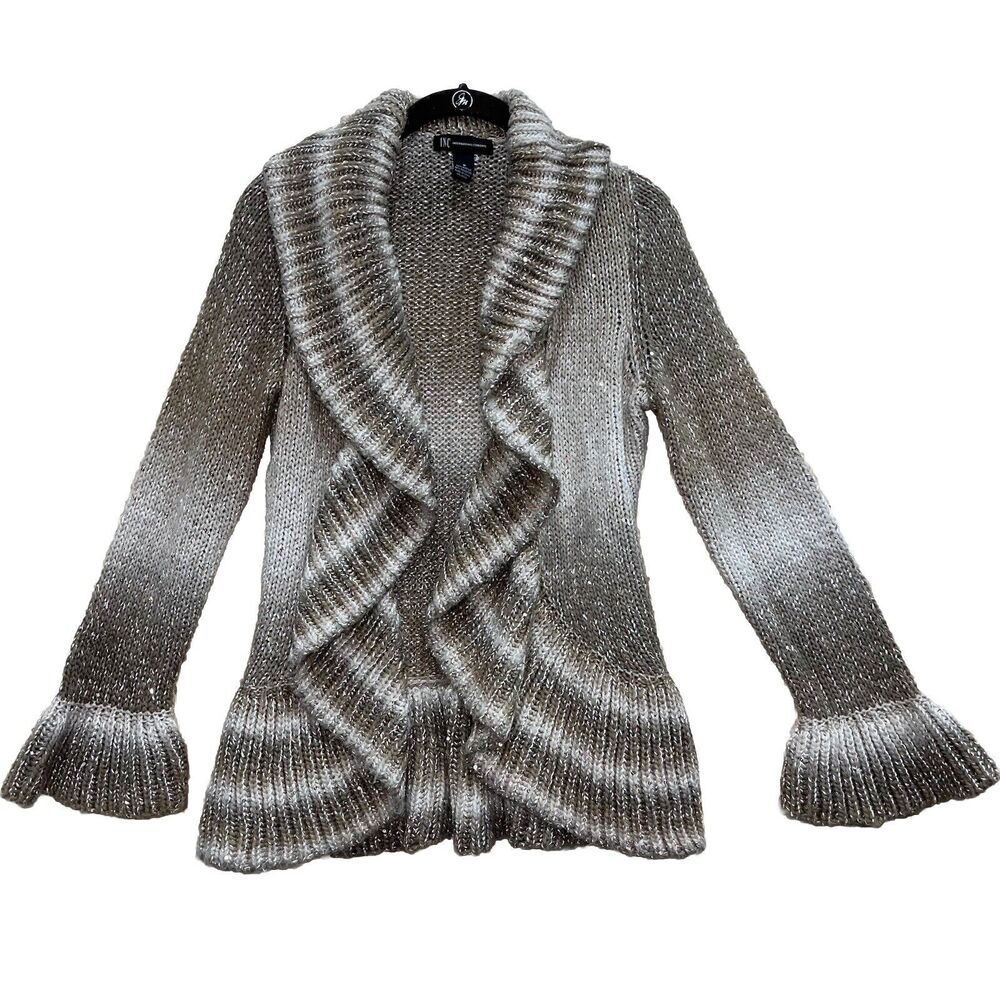 INC International Concepts Women’s Open Cardigan Sweater Taupe Ruffle- Sz S